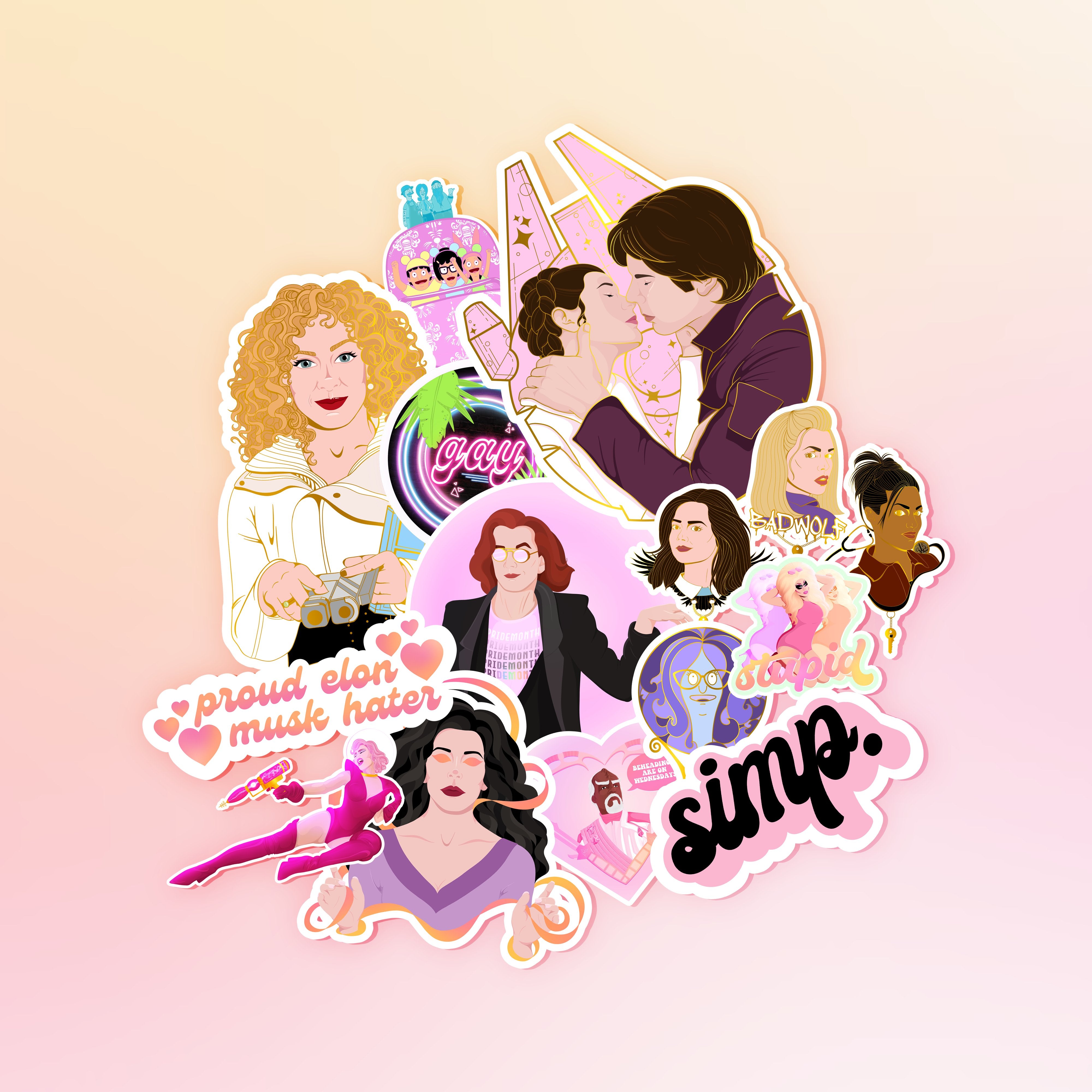 a collage of vibrant, pastel stickers featuring pop culture characters from star trek, doctor who, bob's burgers, star wars, and more.